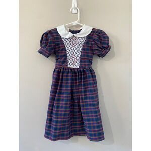 Polly Flanders Vintage Hand Smocked Dress Size 6 Plaid‎ White Collar Button Back